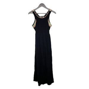 Lulumari Black Maxi Dress with open lace up back with multicolor boho print